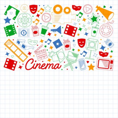Sinema simgeleri ile vektör deseni. Sinema, Tv, patlamış mısır, video klipler, müzikal