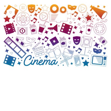 Sinema simgeleri ile vektör deseni. Sinema, Tv, patlamış mısır, video klipler, müzikal