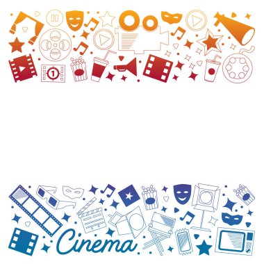 Sinema simgeleri ile vektör deseni. Sinema, Tv, patlamış mısır, video klipler, müzikal