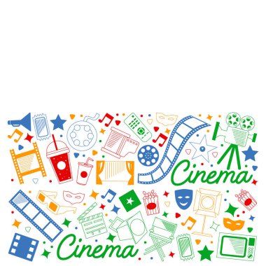 Sinema simgeleri ile vektör deseni. Sinema, Tv, patlamış mısır, video klipler, müzikal