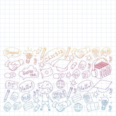 Dil sınıfı için Hello Vektör desenli diyalog bulutları, çevrimiçi kurslar. İngilizce, Arapça, İtalyanca, Japonca, İspanyolca, Çince, Almanca.