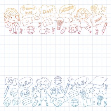 Dil sınıfı için Hello Vektör desenli diyalog bulutları, çevrimiçi kurslar. İngilizce, Arapça, İtalyanca, Japonca, İspanyolca, Çince, Almanca.