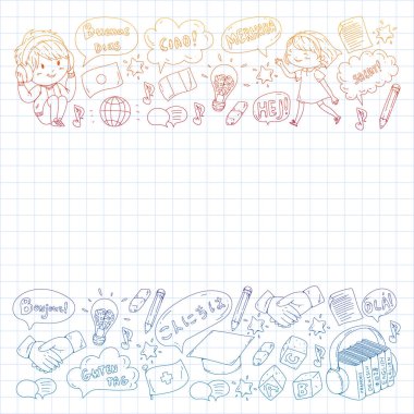 Dil sınıfı için Hello Vektör desenli diyalog bulutları, çevrimiçi kurslar. İngilizce, Arapça, İtalyanca, Japonca, İspanyolca, Çince, Almanca.