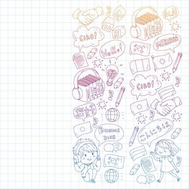 Dil sınıfı için Hello Vektör desenli diyalog bulutları, çevrimiçi kurslar. İngilizce, Arapça, İtalyanca, Japonca, İspanyolca, Çince, Almanca.