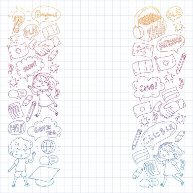 Dil sınıfı için Hello Vektör desenli diyalog bulutları, çevrimiçi kurslar. İngilizce, Arapça, İtalyanca, Japonca, İspanyolca, Çince, Almanca.