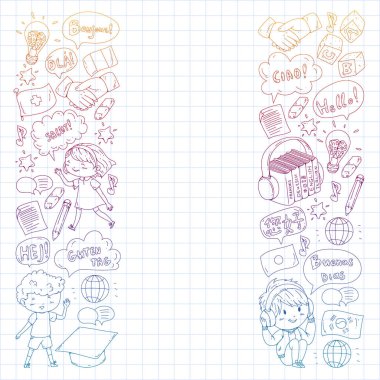 Dil sınıfı için Hello Vektör desenli diyalog bulutları, çevrimiçi kurslar. İngilizce, Arapça, İtalyanca, Japonca, İspanyolca, Çince, Almanca.