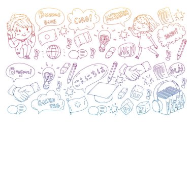 Dil sınıfı için Hello Vektör desenli diyalog bulutları, çevrimiçi kurslar. İngilizce, Arapça, İtalyanca, Japonca, İspanyolca, Çince, Almanca.