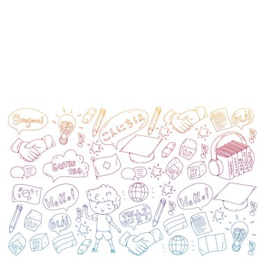 Dil sınıfı için Hello Vektör desenli diyalog bulutları, çevrimiçi kurslar. İngilizce, Arapça, İtalyanca, Japonca, İspanyolca, Çince, Almanca.