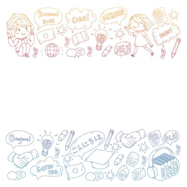 Dil sınıfı için Hello Vektör desenli diyalog bulutları, çevrimiçi kurslar. İngilizce, Arapça, İtalyanca, Japonca, İspanyolca, Çince, Almanca.