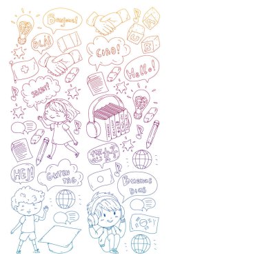 Dil sınıfı için Hello Vektör desenli diyalog bulutları, çevrimiçi kurslar. İngilizce, Arapça, İtalyanca, Japonca, İspanyolca, Çince, Almanca.