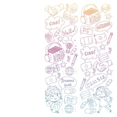 Dil sınıfı için Hello Vektör desenli diyalog bulutları, çevrimiçi kurslar. İngilizce, Arapça, İtalyanca, Japonca, İspanyolca, Çince, Almanca.