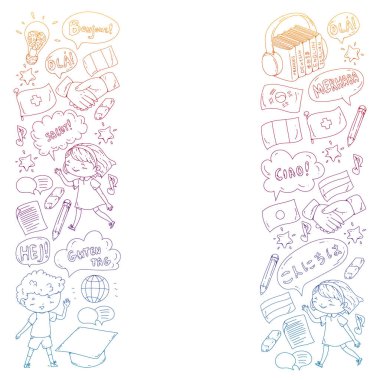 Dil sınıfı için Hello Vektör desenli diyalog bulutları, çevrimiçi kurslar. İngilizce, Arapça, İtalyanca, Japonca, İspanyolca, Çince, Almanca.