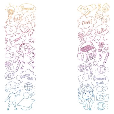 Dil sınıfı için Hello Vektör desenli diyalog bulutları, çevrimiçi kurslar. İngilizce, Arapça, İtalyanca, Japonca, İspanyolca, Çince, Almanca.