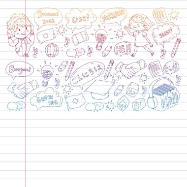 Dil sınıfı için Hello Vektör desenli diyalog bulutları, çevrimiçi kurslar. İngilizce, Arapça, İtalyanca, Japonca, İspanyolca, Çince, Almanca.