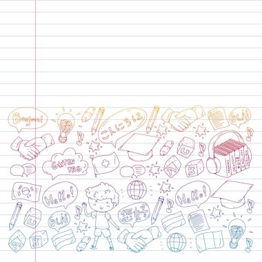 Dil sınıfı için Hello Vektör desenli diyalog bulutları, çevrimiçi kurslar. İngilizce, Arapça, İtalyanca, Japonca, İspanyolca, Çince, Almanca.