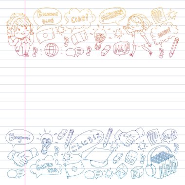 Dil sınıfı için Hello Vektör desenli diyalog bulutları, çevrimiçi kurslar. İngilizce, Arapça, İtalyanca, Japonca, İspanyolca, Çince, Almanca.