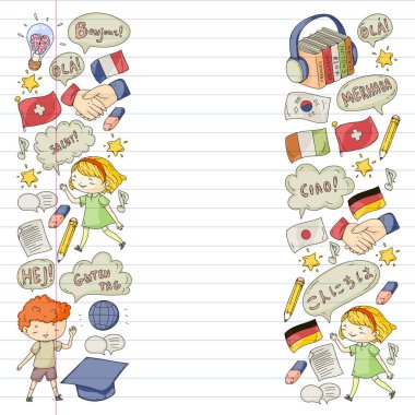 Dil sınıfı için Hello Vektör desenli diyalog bulutları, çevrimiçi kurslar. İngilizce, Arapça, İtalyanca, Japonca, İspanyolca, Çince, Almanca.