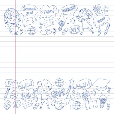 Dil sınıfı için Hello Vektör desenli diyalog bulutları, çevrimiçi kurslar. İngilizce, Arapça, İtalyanca, Japonca, İspanyolca, Çince, Almanca.