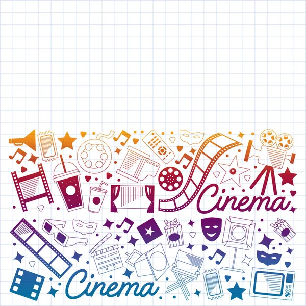 Patrón vectorial con iconos de cine. Cine, Televisión, palomitas de maíz, videoclips, musical — Archivo Imágenes Vectoriales