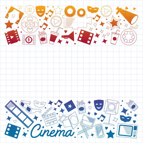 Векторный узор с иконами кино. Кинотеатр, ТВ, попкорн, видеоклипы, мюзикл — стоковый вектор