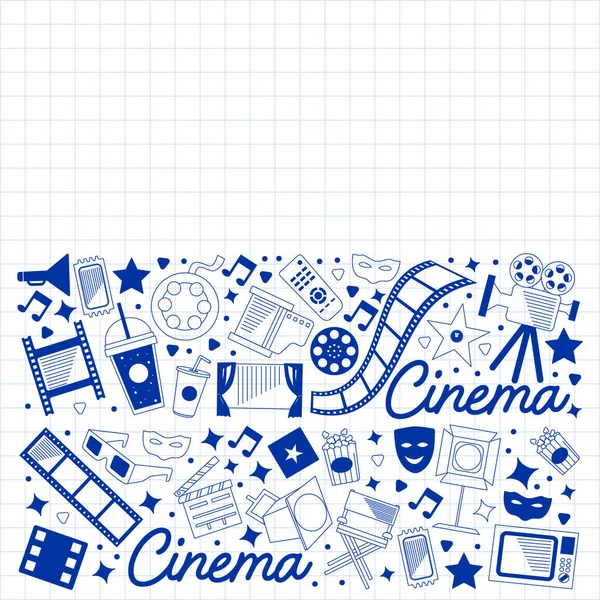 Patrón vectorial con iconos de cine. Cine, Televisión, palomitas de maíz, videoclips, musical — Archivo Imágenes Vectoriales