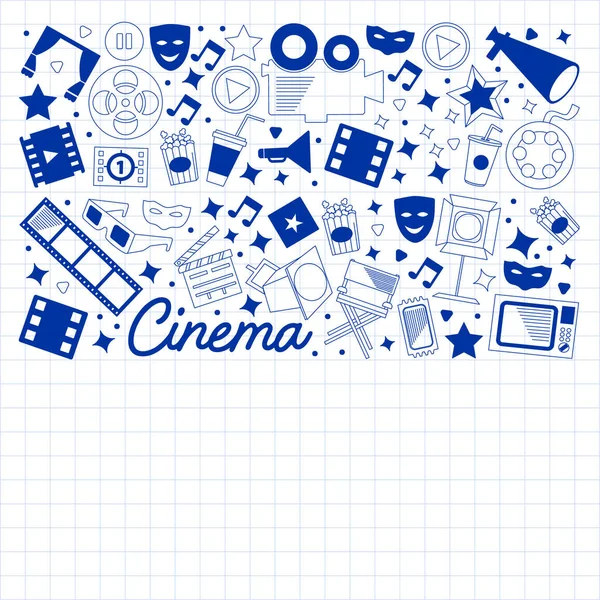 Vector pattern with cinema icons. Movie Theater, TV, popcorn, video clips, musical — Stock Vector