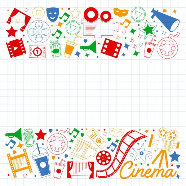 Modèle vectoriel avec icônes de cinéma. Cinéma, TV, pop-corn, clips vidéo, comédie musicale — Image vectorielle