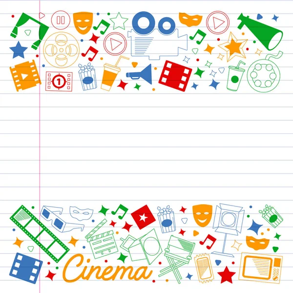 Vector pattern with cinema icons. Movie Theater, TV, popcorn, video clips, musical — Stock Vector