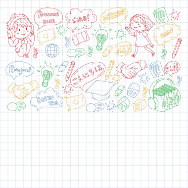 Dil sınıfı için Hello Vektör desenli diyalog bulutları, çevrimiçi kurslar. İngilizce, Arapça, İtalyanca, Japonca, İspanyolca, Çince, Almanca.