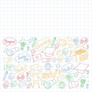 Dil sınıfı için Hello Vektör desenli diyalog bulutları, çevrimiçi kurslar. İngilizce, Arapça, İtalyanca, Japonca, İspanyolca, Çince, Almanca.