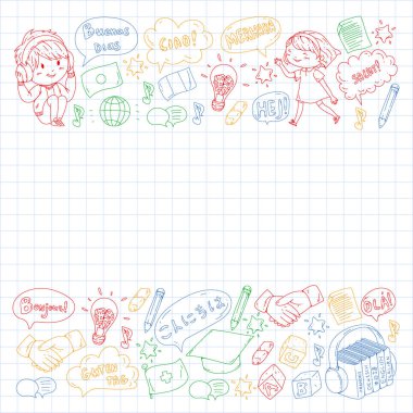 Dil sınıfı için Hello Vektör desenli diyalog bulutları, çevrimiçi kurslar. İngilizce, Arapça, İtalyanca, Japonca, İspanyolca, Çince, Almanca.