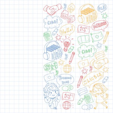 Dil sınıfı için Hello Vektör desenli diyalog bulutları, çevrimiçi kurslar. İngilizce, Arapça, İtalyanca, Japonca, İspanyolca, Çince, Almanca.