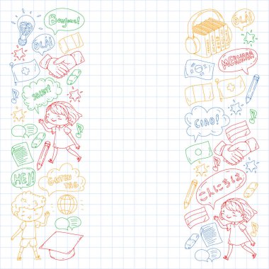 Dil sınıfı için Hello Vektör desenli diyalog bulutları, çevrimiçi kurslar. İngilizce, Arapça, İtalyanca, Japonca, İspanyolca, Çince, Almanca.