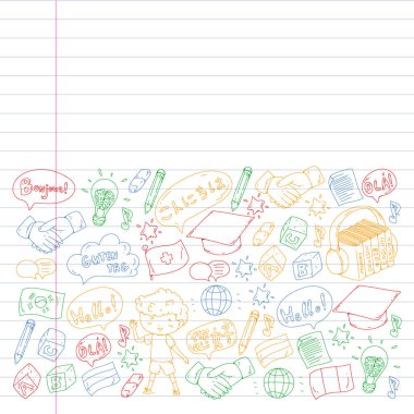 Dil sınıfı için Hello Vektör desenli diyalog bulutları, çevrimiçi kurslar. İngilizce, Arapça, İtalyanca, Japonca, İspanyolca, Çince, Almanca.