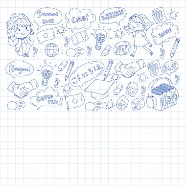 Dil sınıfı için Hello Vektör desenli diyalog bulutları, çevrimiçi kurslar. İngilizce, Arapça, İtalyanca, Japonca, İspanyolca, Çince, Almanca.