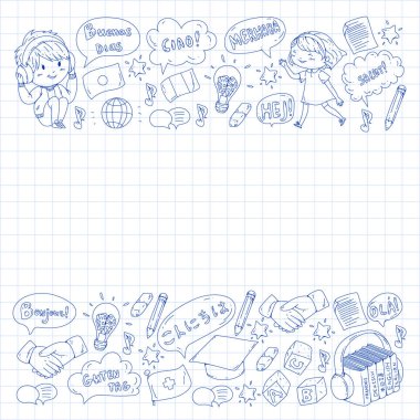 Dil sınıfı için Hello Vektör desenli diyalog bulutları, çevrimiçi kurslar. İngilizce, Arapça, İtalyanca, Japonca, İspanyolca, Çince, Almanca.