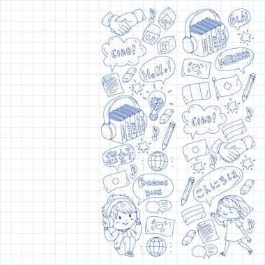 Dil sınıfı için Hello Vektör desenli diyalog bulutları, çevrimiçi kurslar. İngilizce, Arapça, İtalyanca, Japonca, İspanyolca, Çince, Almanca.