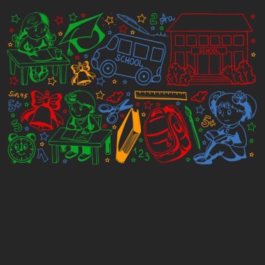 Okula geri dön. Simgeler ve alt larla vektör deseni.