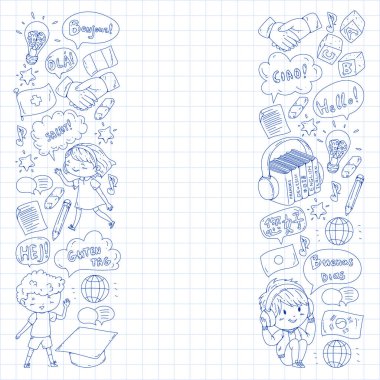 Dil sınıfı için Hello Vektör desenli diyalog bulutları, çevrimiçi kurslar. İngilizce, Arapça, İtalyanca, Japonca, İspanyolca, Çince, Almanca.