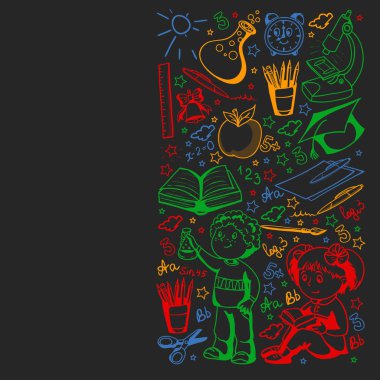 Okula geri dön. Simgeler ve alt larla vektör deseni.