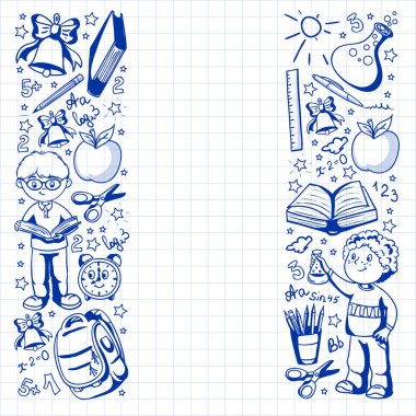 Okula geri dön. Simgeler ve alt larla vektör deseni.