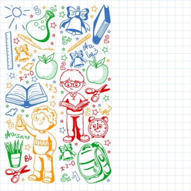 Okula geri dön. Simgeler ve alt larla vektör deseni.