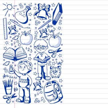 Okula geri dön. Simgeler ve alt larla vektör deseni.