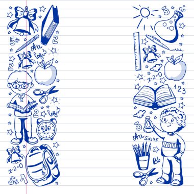 Okula geri dön. Simgeler ve alt larla vektör deseni.