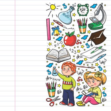 Okula geri dön. Simgeler ve alt larla vektör deseni.