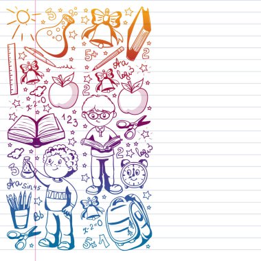 Okula geri dön. Simgeler ve alt larla vektör deseni.