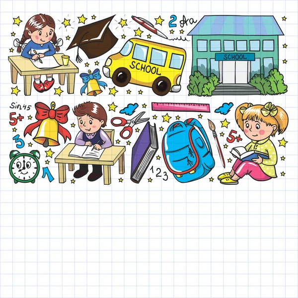 Back to School. Vector pattern with icons and children. — Stock Vector