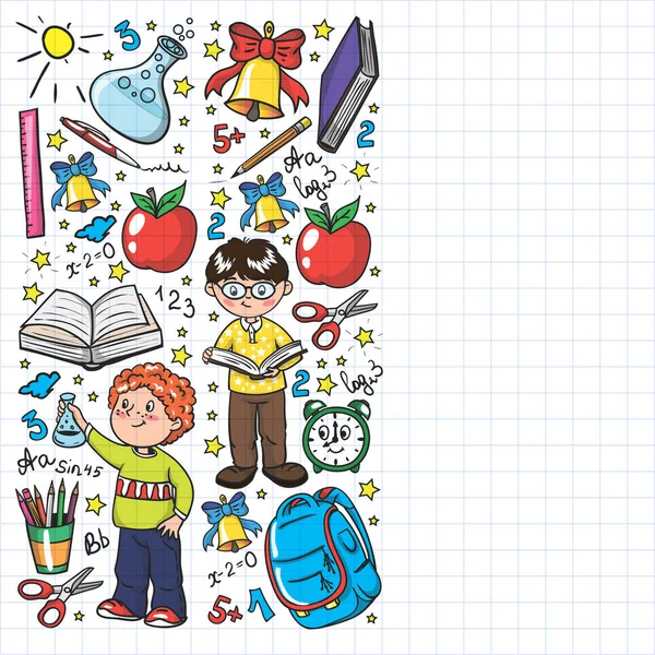 Back to School. Vector pattern with icons and children. — Stock Vector