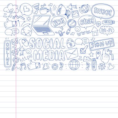 Sosyal medya, iş, yönetim vektör simgeleri. İnternet pazarlama, iletişim.