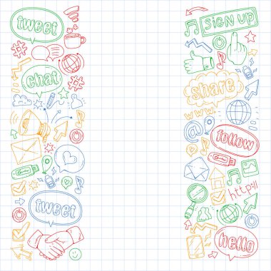 Sosyal medya, iş, yönetim vektör simgeleri. İnternet pazarlama, iletişim.